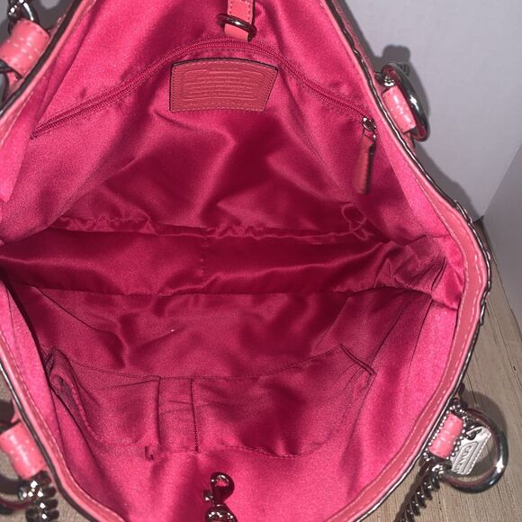 Coach Pink Poppy Leather Handbag Large 24081 Double Chain Handle turnlock pocket - Picture 8 of 16